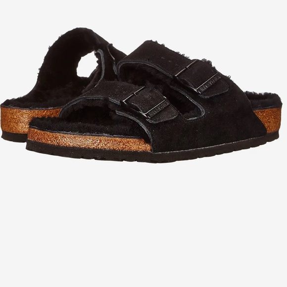 Birkenstock Shoes - BIRKENSTOCK sz 37 black shearling lined 2 strap corkbed sandals, preowned AS IS